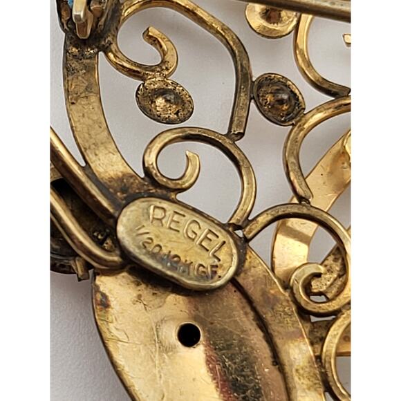 Vintage Regel 12K Gold Filled Butterfly Brooch 2" Filigree Rhinestone Pin - Picture 9 of 9